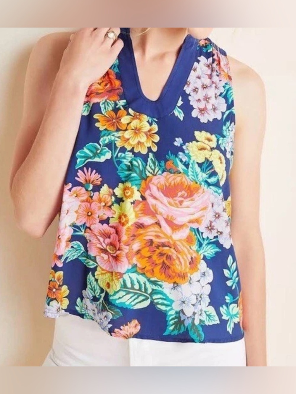 Maeve by Anthropologie Navy Floral V-Neck Sleeveless Blouse - Size 12